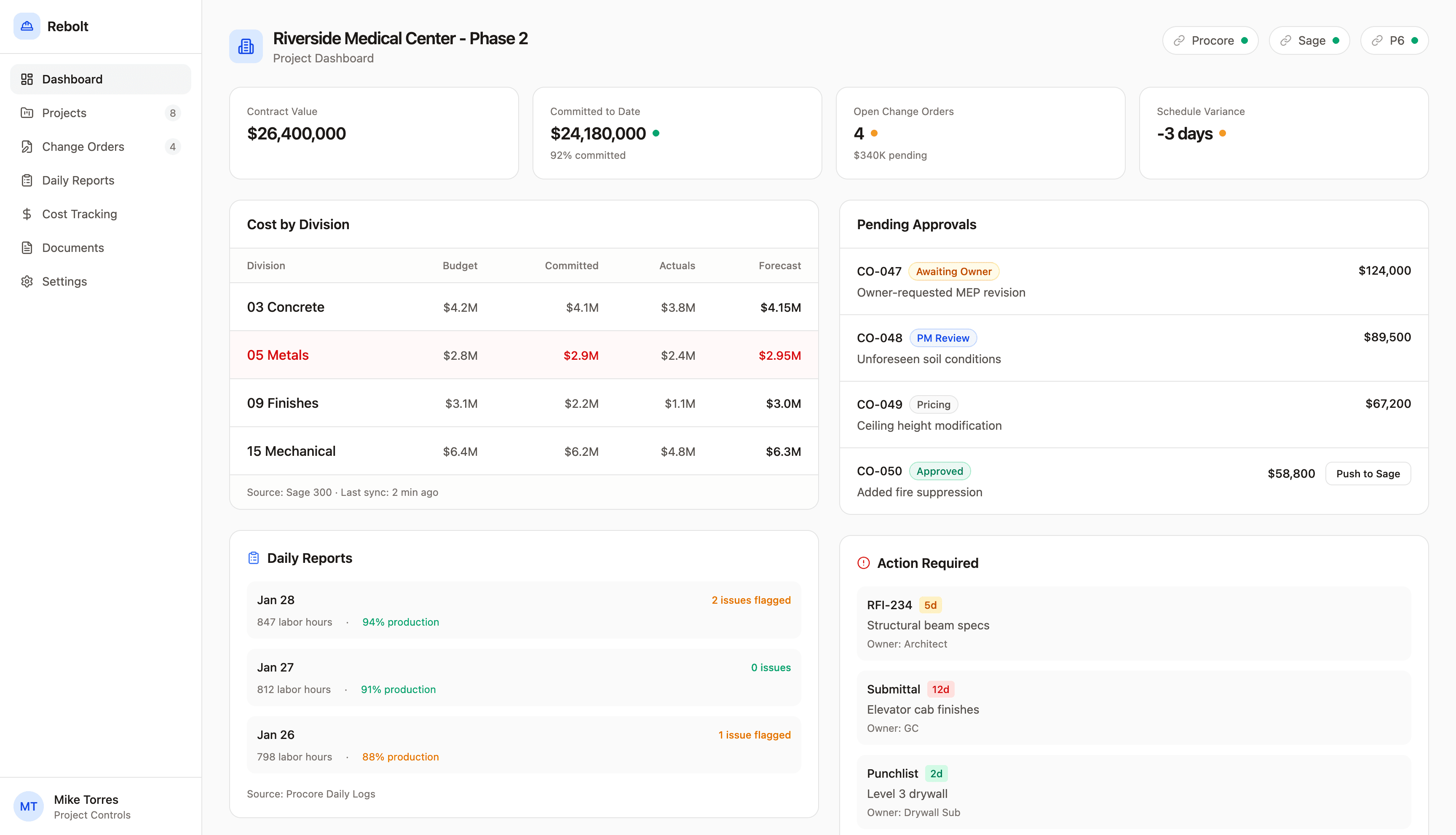 Construction workspace showing project status, change orders, and cost tracking