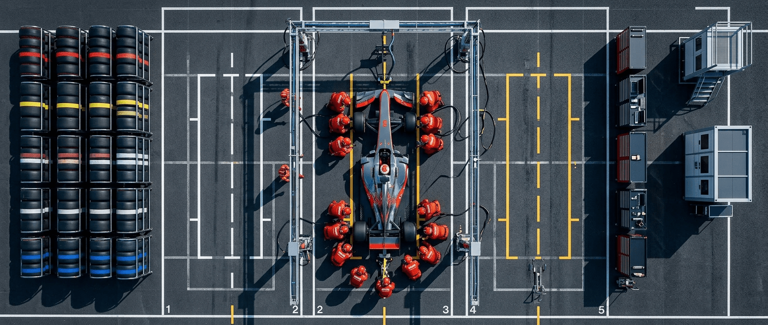 Aerial view of an F1 pit stop with crew working on the car